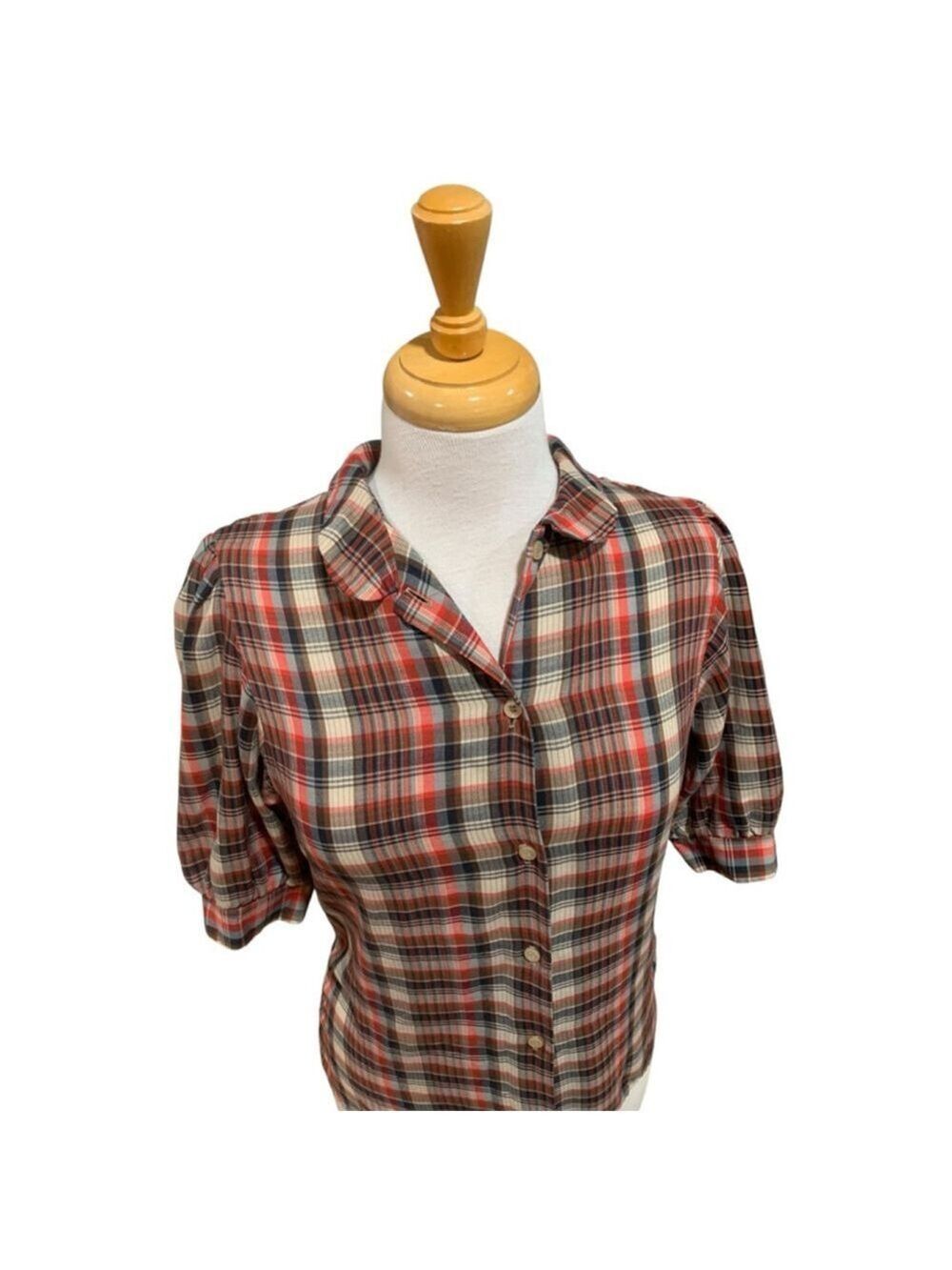 Vntg 80’s Women's White Stag Plaid Button Down short sleeved Shirt Red Brown M - Picture 5 of 6